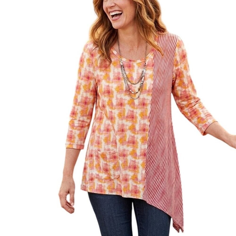 LOGO Mixed Print Asymmetrical Tunic Womens Medium Pink Floral Striped Knit Top